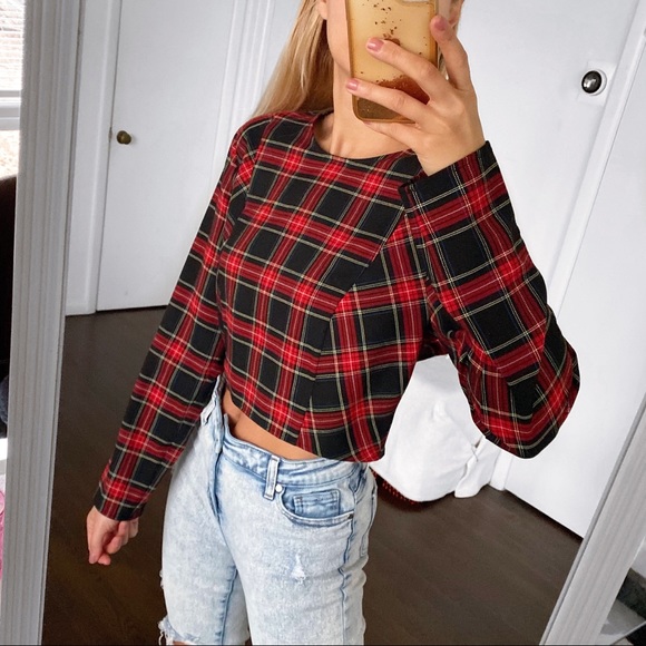 ❤️ ZARA RED BLACK PLAID LONG SLEEVE CROP TOP! - Picture 2 of 13